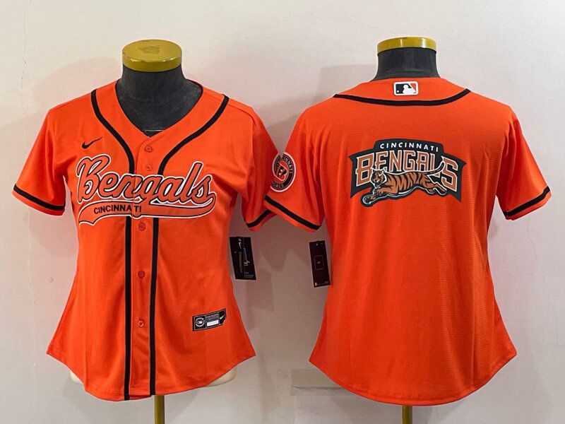 Women%27s Cincinnati Bengals Orange Team Big Logo With Patch Cool Base Stitched Baseball Jersey->women nfl jersey->Women Jersey